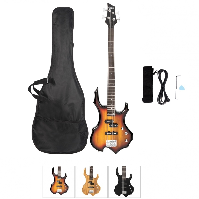 Glarry Burning Fire Electric Bass Guitar Full Size 4 String Black Burlywood Sunset